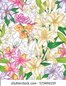 Seamless exotic pattern with tropical leaves and flowers. Blooming jungle. Vector illustration.