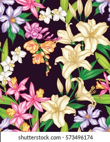 Seamless exotic pattern with tropical leaves and flowers. Blooming jungle. Vector illustration.