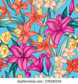 Diseño exótico sin inconvenientes con hojas y flores tropicales. La selva floreciente. Ilustración vectorial.
