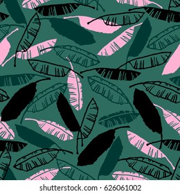 Nahtlose exotische Muster mit tropischen Blättern. Vektorillustration, handgezeichnet.