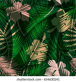 Seamless exotic pattern with tropical leaves and flowers. Vector hand draw background.