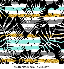 Seamless exotic pattern with tropical leaves and flowers with stripes background. Vector hand draw background.