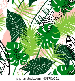 Seamless exotic pattern with tropical leaves. Vector hand draw background.