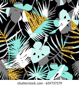 Seamless exotic pattern with tropical leaves and flowers. Geometric background. Vector.