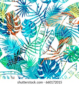 Seamless exotic pattern with tropical leaves. Vector hand draw background.