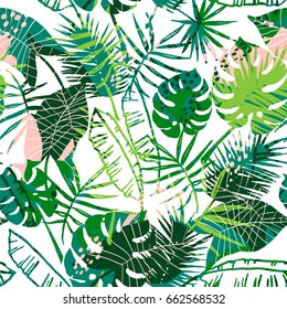 Seamless exotic pattern with tropical leaves. Vector hand draw background.