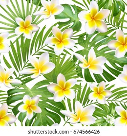 Seamless exotic pattern with tropical leaves and flowers on a beige background background. Vector illustration.