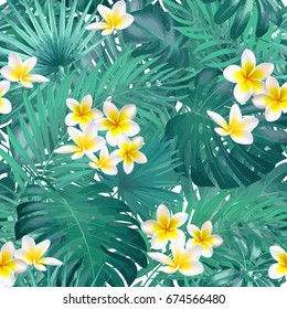 Seamless exotic pattern with tropical leaves and flowers on a beige background background. Vector illustration.