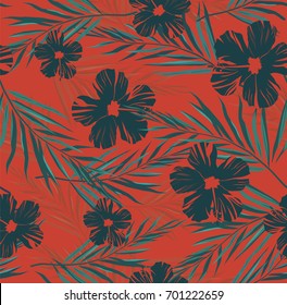 Seamless exotic pattern with tropical leaves and flowers. Vector.