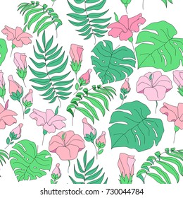 Seamless exotic pattern with tropical leaves and flowers. Vector illustration.