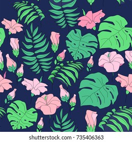 Seamless exotic pattern with tropical leaves and flowers. Vector illustration.