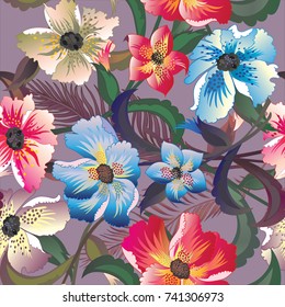 Seamless exotic pattern with tropical leaves and flowers. Blooming jungle. Vector illustration.