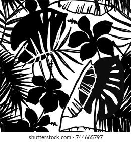 Seamless exotic pattern with tropical leaves and flowers. Vector hand draw background.
Modern abstract design for paper, cover, fabric, interior decor and other users. 