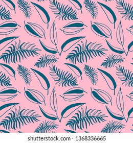 Seamless exotic pattern with tropical palm on geometric background. Vector hand drawn texture