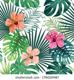 Seamless exotic pattern with tropical palm, banana, monstera leaves and rose, beige and pink hibiscus flower on a white background green vector style. Hawaiian tropical natural floral wallpaper