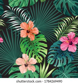Seamless exotic pattern with tropical palm, banana, monstera leaves and rose, beige and pink hibiscus flower on a black background green vector style. Hawaiian tropical natural floral wallpaper