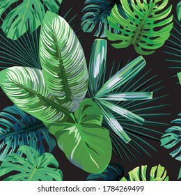 Seamless exotic pattern with tropical palm, banana, monstera leaves on a black background green vector style. Hawaiian tropical natural floral wallpaper