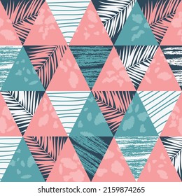 seamless exotic pattern with tropical palm leaves on geometric background