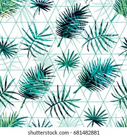 Seamless exotic pattern with tropical palm leaves on geometric background. Vector hand drawn texture.