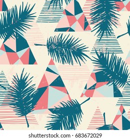 Seamless exotic pattern with tropical palm leaves on geometric background. Vector hand drawn texture.