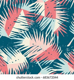 Seamless exotic pattern with tropical palm leaves on geometric background. Vector hand drawn texture.