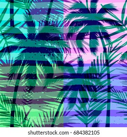 Seamless exotic pattern with tropical palm on geometric background in bright color. Vector hand drawn texture.