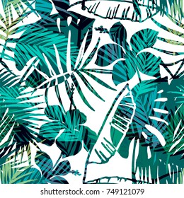 Seamless exotic pattern with tropical palm in bright color. Vector hand drawn texture.