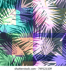 Seamless exotic pattern with tropical palm in bright color. Vector hand drawn texture.