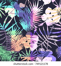Seamless exotic pattern with tropical palm in bright color. Vector hand drawn texture.