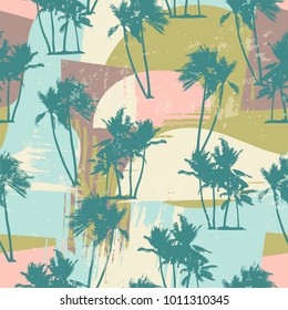 Seamless exotic pattern with tropical palms and artistic background. Modern abstract design for paper, cover, fabric, interior decor and other users.