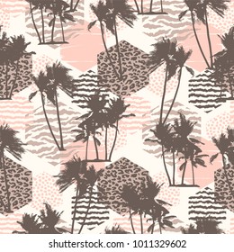 Seamless exotic pattern with tropical palms, geometric background and animal prints. Modern abstract design for paper, cover, fabric, interior decor and other users.