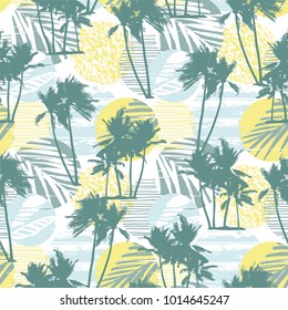 Seamless exotic pattern with tropical palms and geometric background. Modern abstract design for paper, cover, fabric, interior decor and other users.