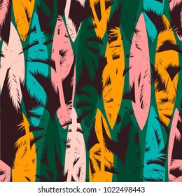 Seamless exotic pattern with tropical palms and artistic background. Modern abstract design for paper, cover, fabric, interior decor and other users