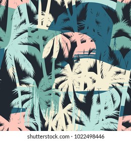 Seamless exotic pattern with tropical palms and artistic background. Modern abstract design for paper, cover, fabric, interior decor and other users