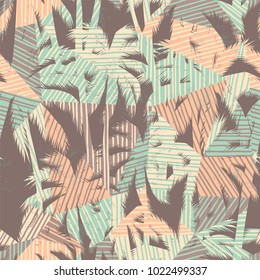 Seamless exotic pattern with tropical palms and geometric background. Modern abstract design for paper, cover, fabric, interior decor and other users.