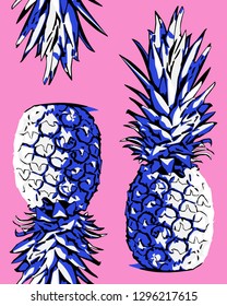 Seamless exotic pattern. Tropical pineapple with blue shadow on a pink background. Textile composition, hand drawn style print. Vector illustration.