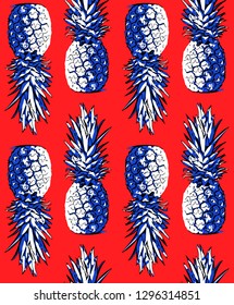 Seamless exotic pattern. Tropical pineapple with blue shadow on a red background. Textile composition, hand drawn style print. Vector illustration.