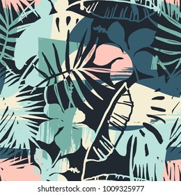 Seamless exotic pattern with tropical plants and artistic background. Modern abstract design for paper, cover, fabric, interior decor and other users.