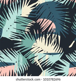 Seamless exotic pattern with tropical plants and artistic background. Modern abstract design for paper, cover, fabric, interior decor and other users.