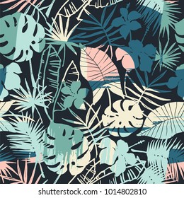 Seamless exotic pattern with tropical plants and artistic background. Modern abstract design for paper, cover, fabric, interior decor and other users.