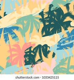 Seamless exotic pattern with tropical plants and artistic background. Modern abstract design for paper, cover, fabric, interior decor and other users.