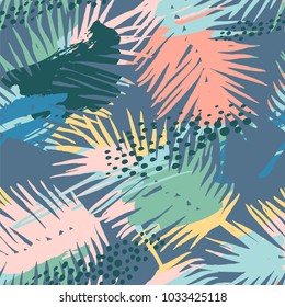 Seamless exotic pattern with tropical plants and artistic background. Modern abstract design for paper, cover, fabric, interior decor and other users.
