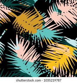 Seamless exotic pattern with tropical plants and artistic background. Modern abstract design for paper, cover, fabric, interior decor and other users.