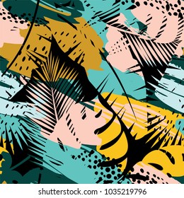 Seamless exotic pattern with tropical plants and artistic background. Modern abstract design for paper, cover, fabric, interior decor and other users.