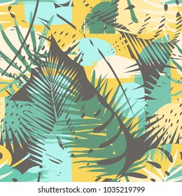 Seamless exotic pattern with tropical plants and artistic background. Modern abstract design for paper, cover, fabric, interior decor and other users.