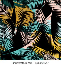 Seamless exotic pattern with tropical plants and artistic background. Modern abstract design for paper, cover, fabric, interior decor and other users.