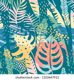 Seamless exotic pattern with tropical plants and artistic background. Modern abstract design for paper, cover, fabric, interior decor and other users.