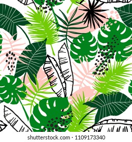 Seamless exotic pattern with tropical plants. Vector hand draw background.