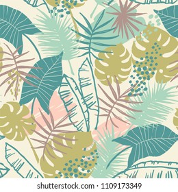 Seamless exotic pattern with tropical plants. Vector hand draw background.