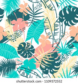 Seamless exotic pattern with tropical plants. Vector hand draw background.